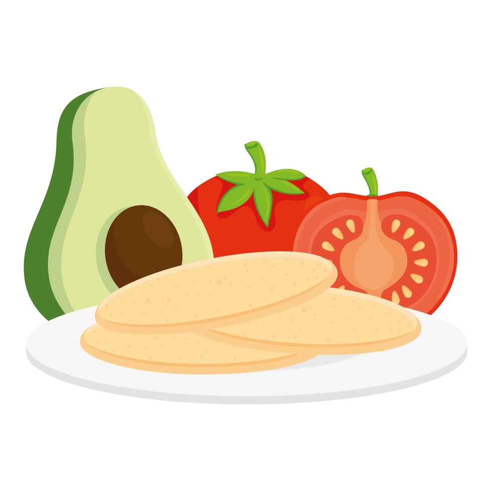 Alimentos frescos, aguacate con tomates y tortillas en fondo blanco. vector