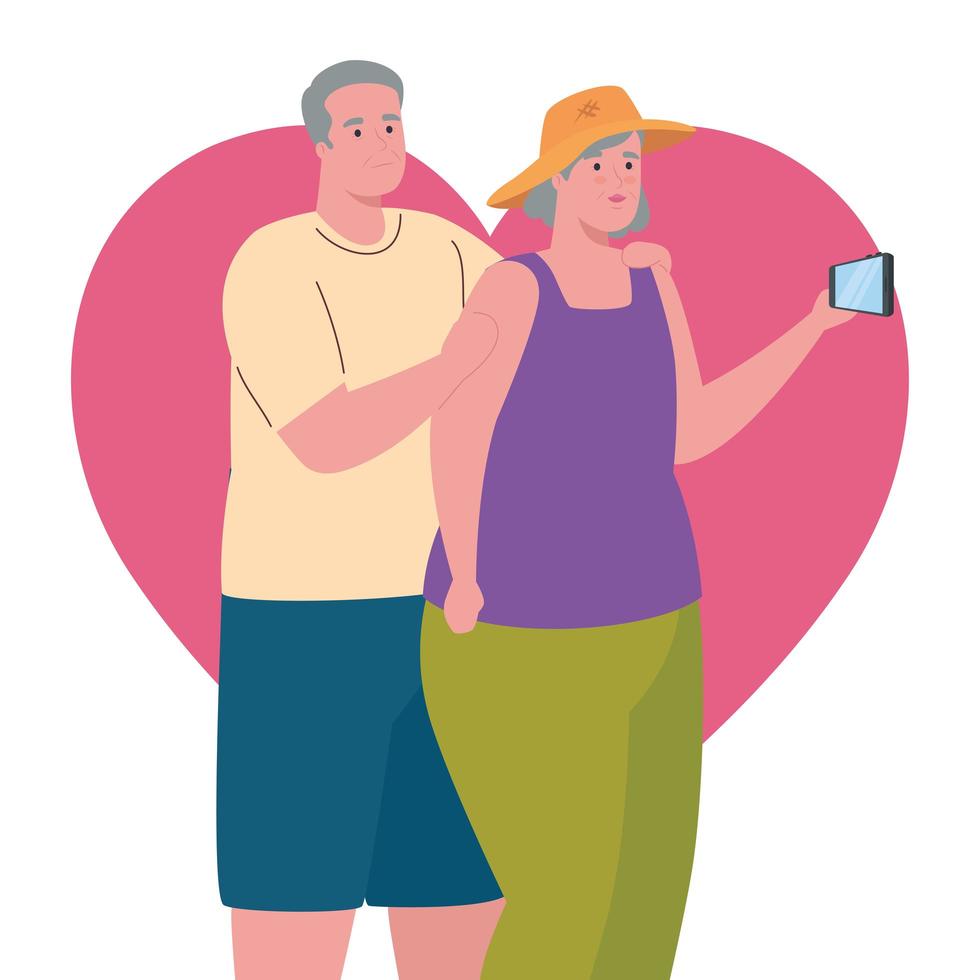 Linda pareja de ancianos tomando un selfie con smartphone en el fondo del corazón vector