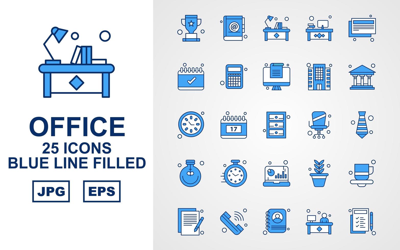 Paquete de 25 iconos de tono azul de oficina premium vector