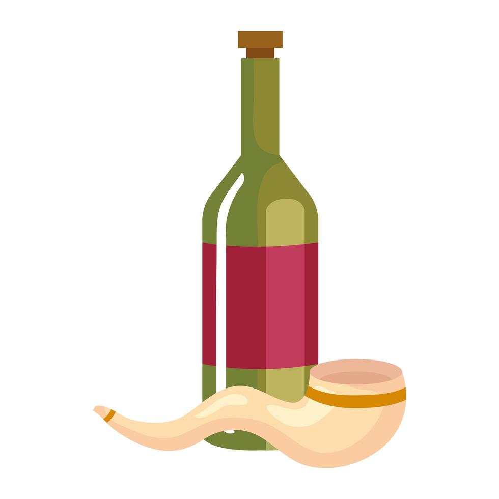 Botella de vino con cuerno shofar, en fondo blanco. vector