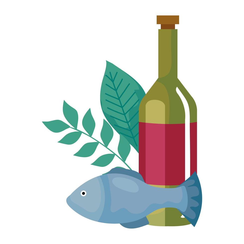 Botella de vino con pescado y hojas, en fondo blanco. vector