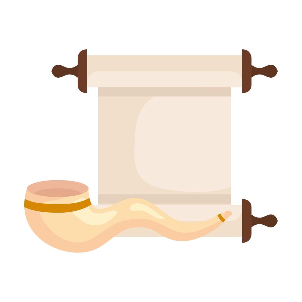 Rollo de papiro con cuerno shofar, sobre fondo blanco. vector