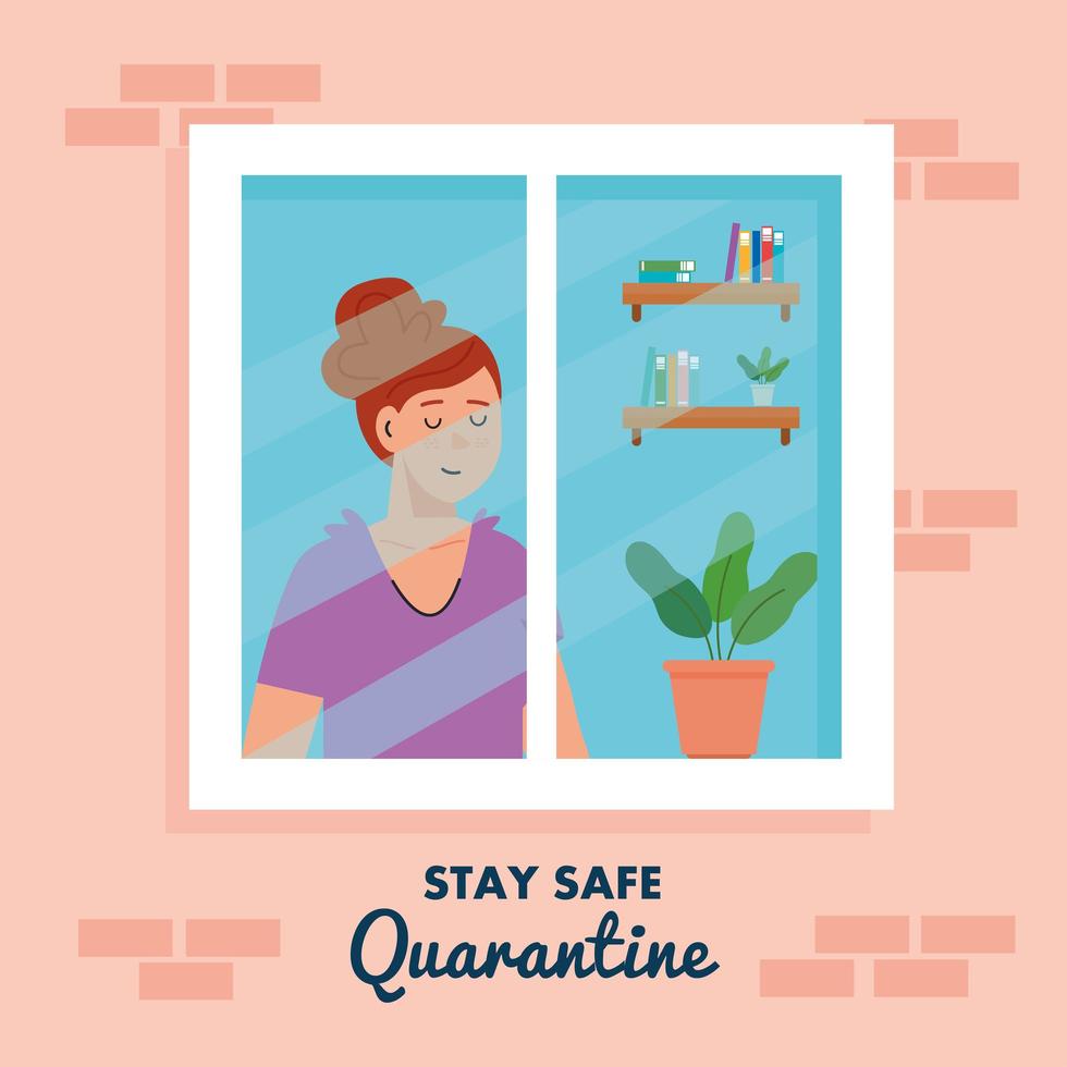 stay home, quarantine or self isolation, house facade with window and woman look out of home, stay safe quarantine concept vector