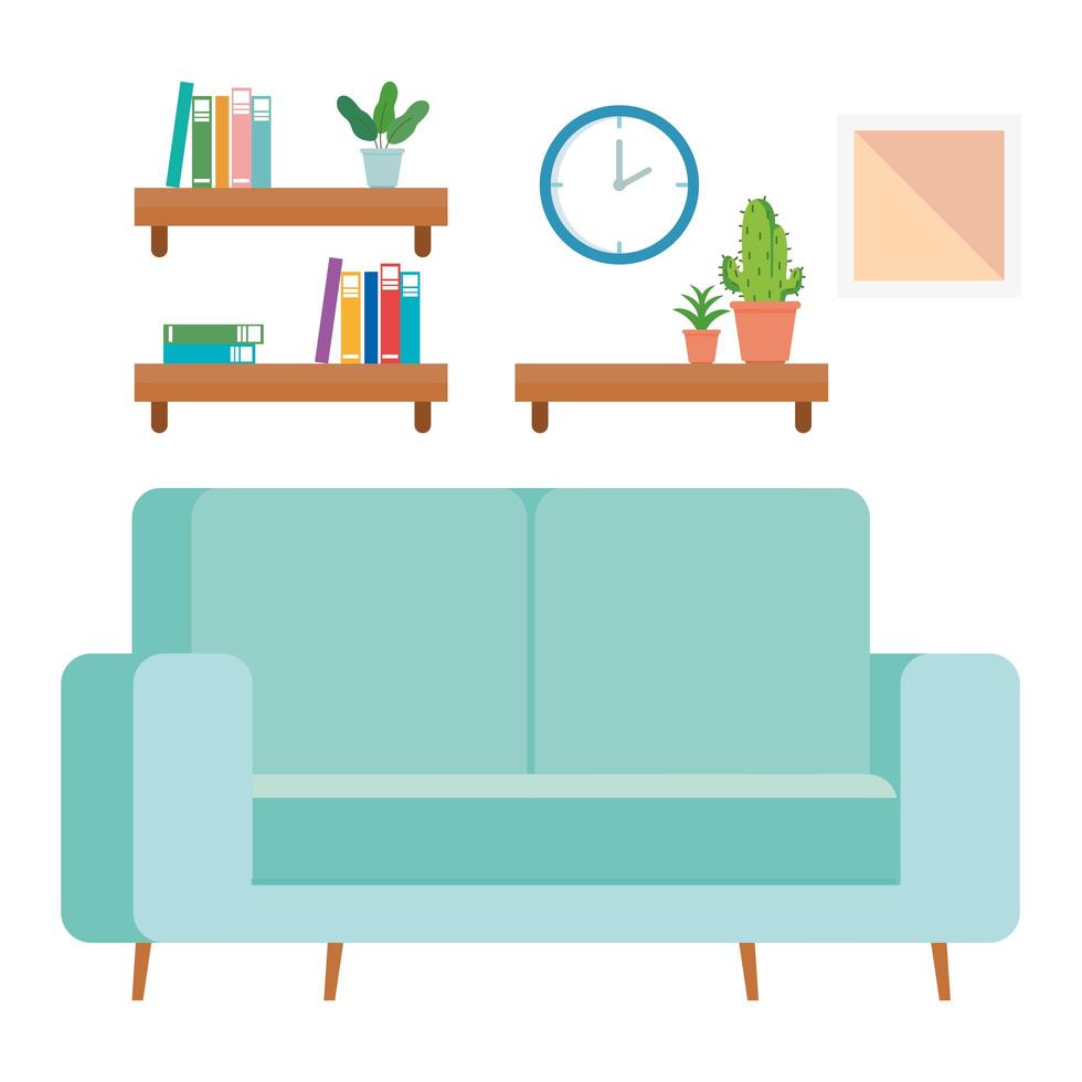 Interior de la sala de estar de la casa, con sofá y estanterías con decoración. vector