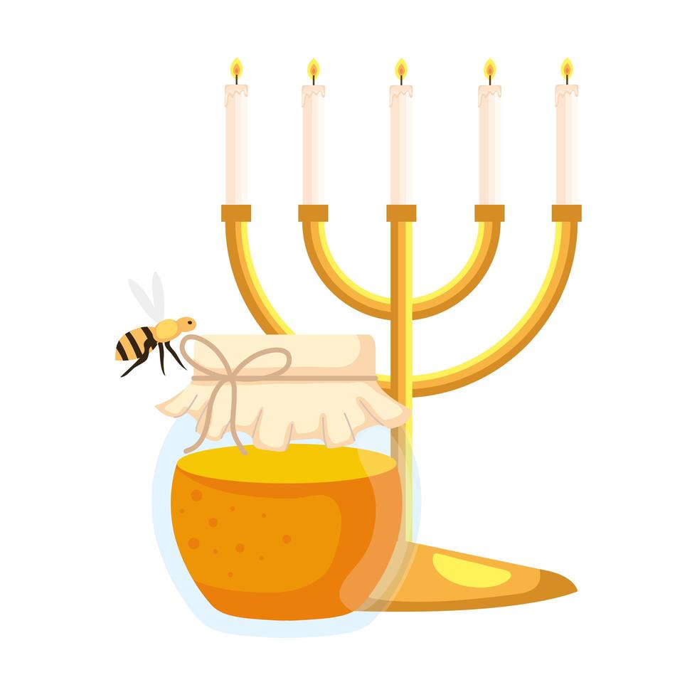 candles in candlesticks with honey jar and bee flying, on white background vector