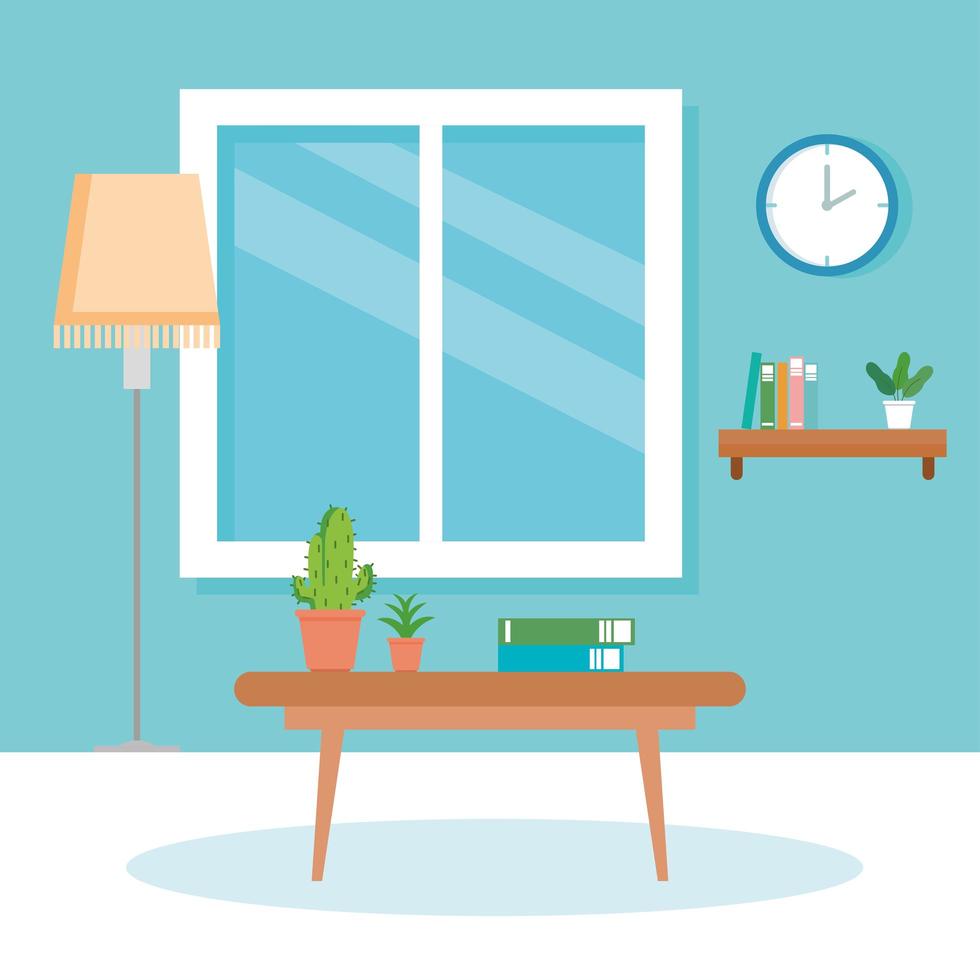 interior of home scene with table, lamp, window and decoration vector