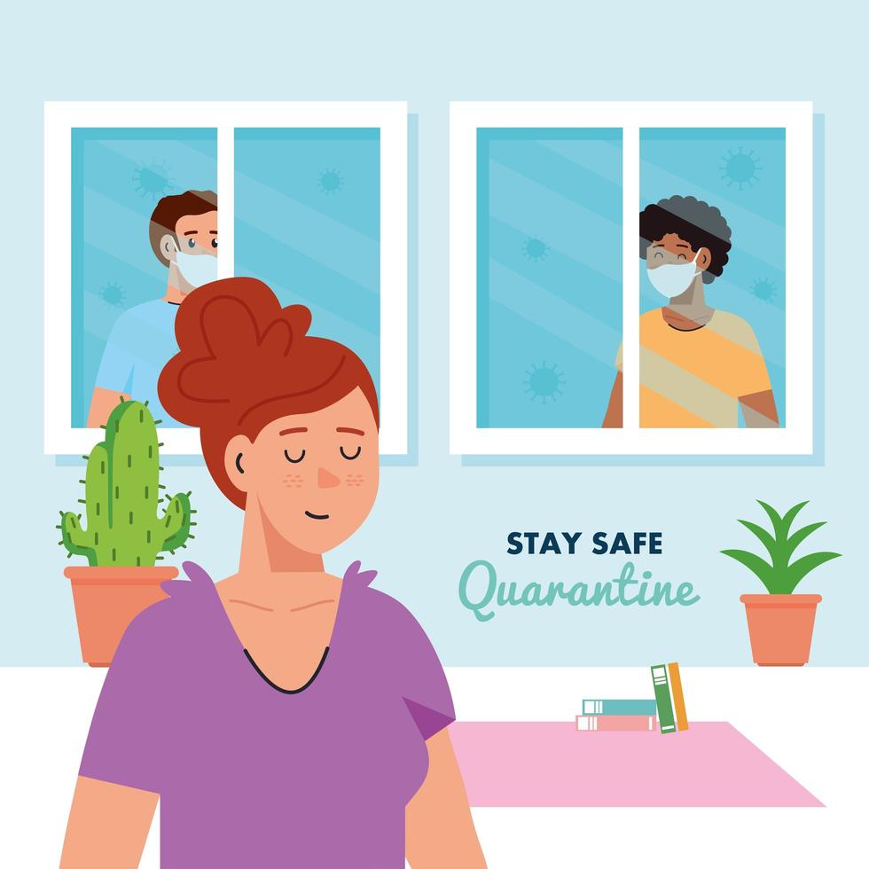 stay home, quarantine or self isolation, woman in the house and men looking out the window, stay safe quarantine concept vector