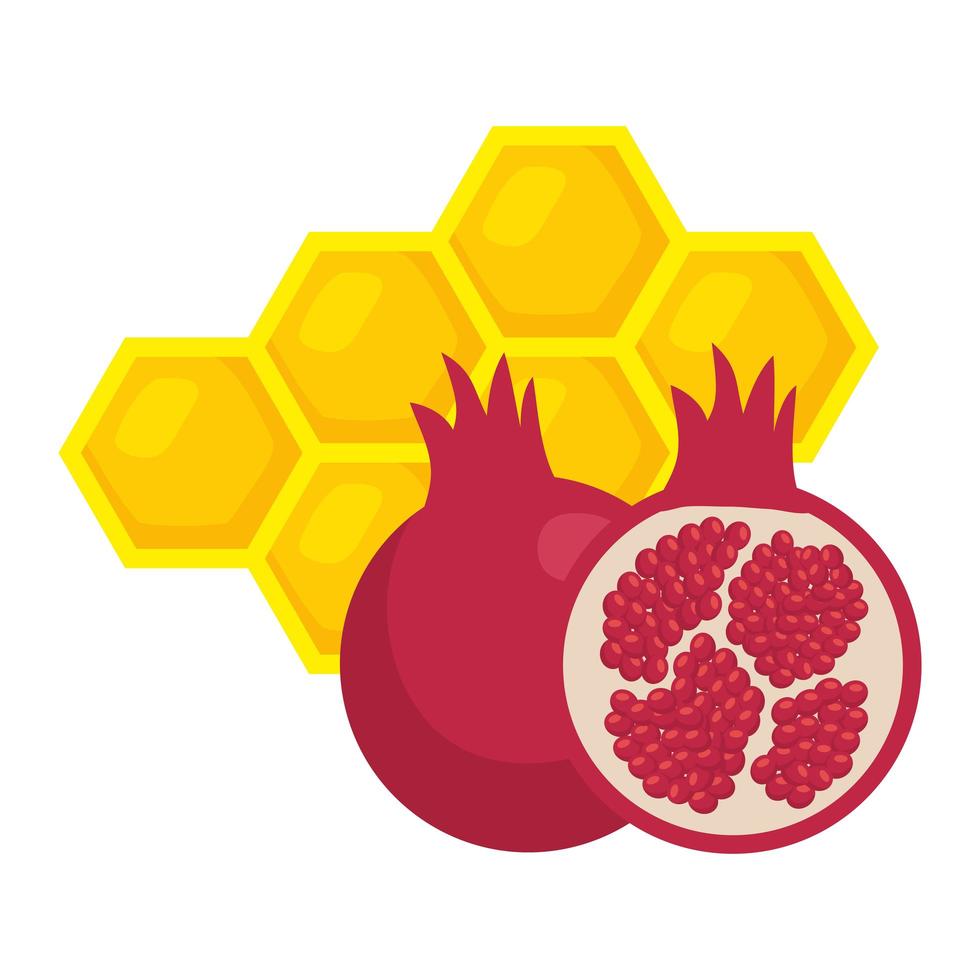 ripe pomegranate with honeycomb bee, on white background vector