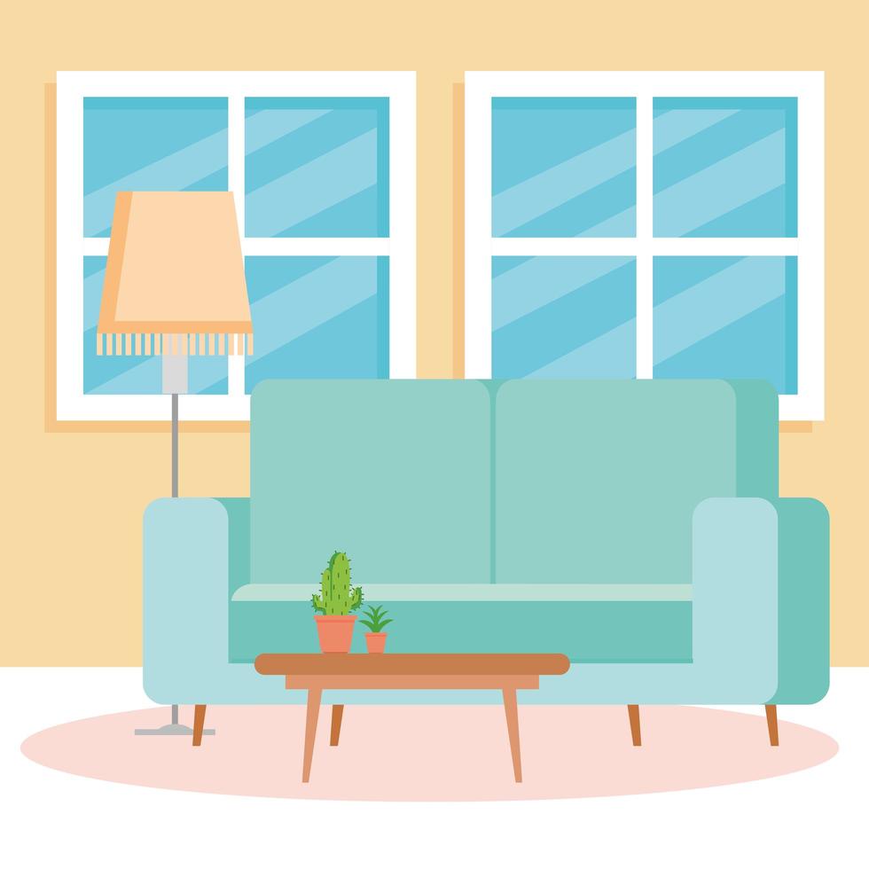 Interior de la sala de estar de la casa, con sofá, ventanas y decoración. vector