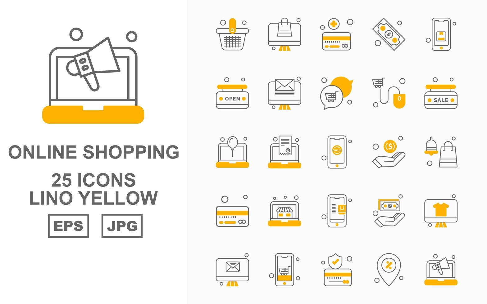 25 paquete de iconos amarillo lino de compras en línea premium vector