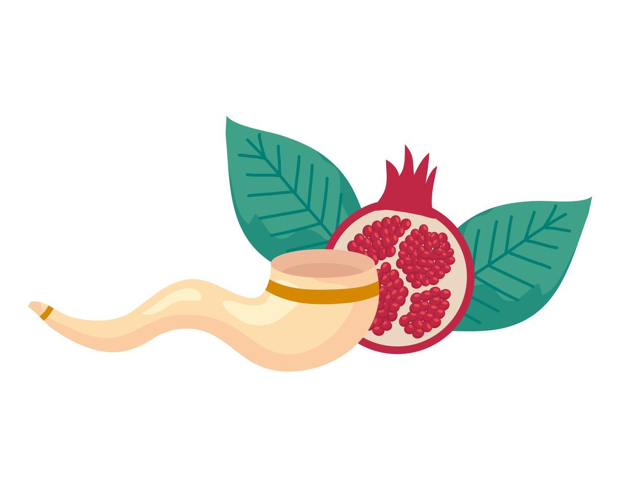 ripe pomegranate with shofar horn, on white background vector