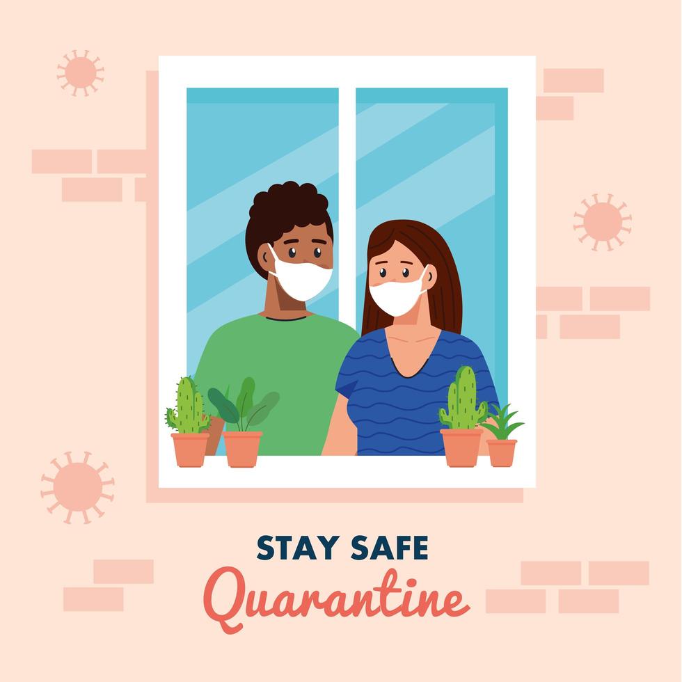 stay home, quarantine or self isolation, house facade with window and young couple look out of home, stay safe quarantine concept vector