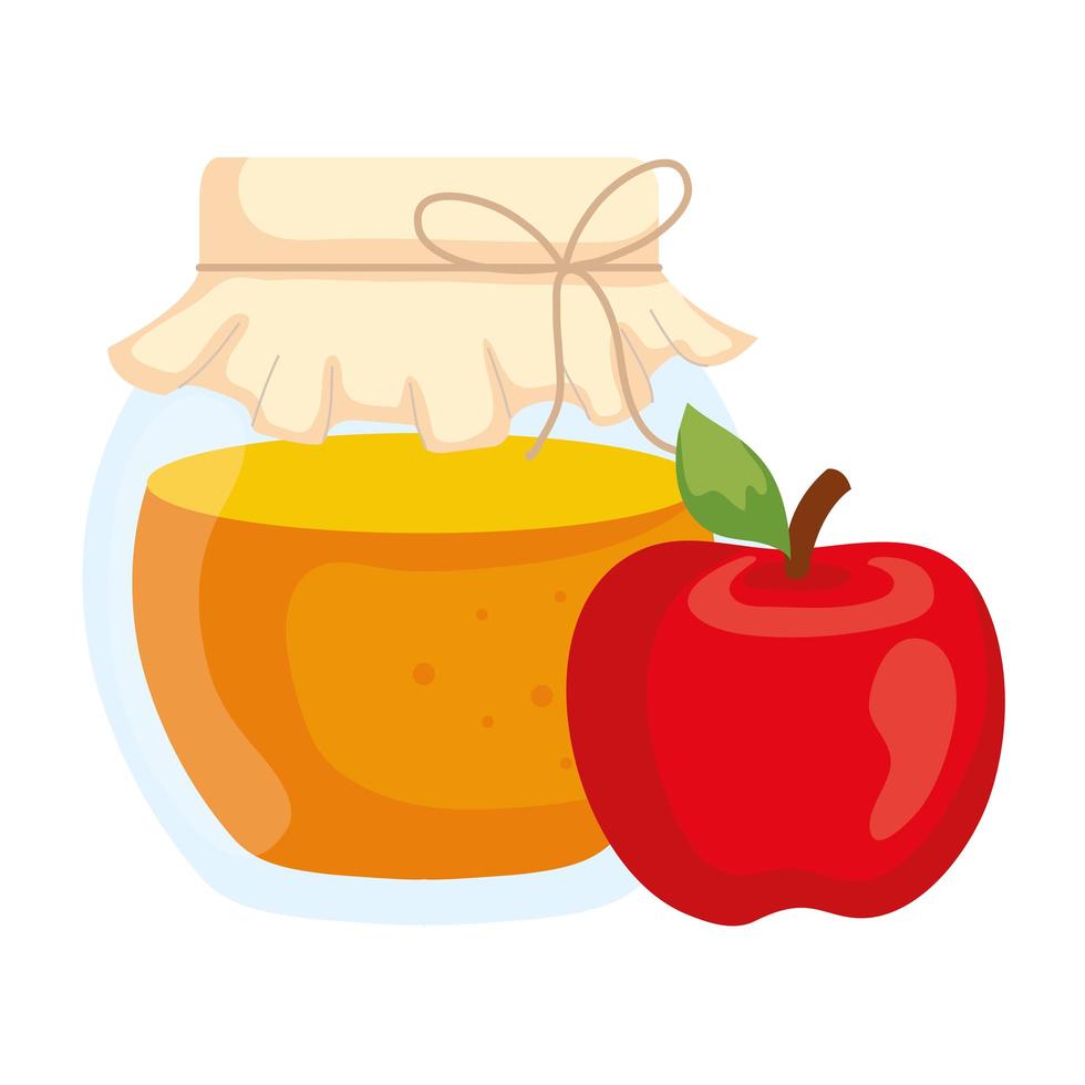 Tarro de miel con manzana, en fondo blanco. vector