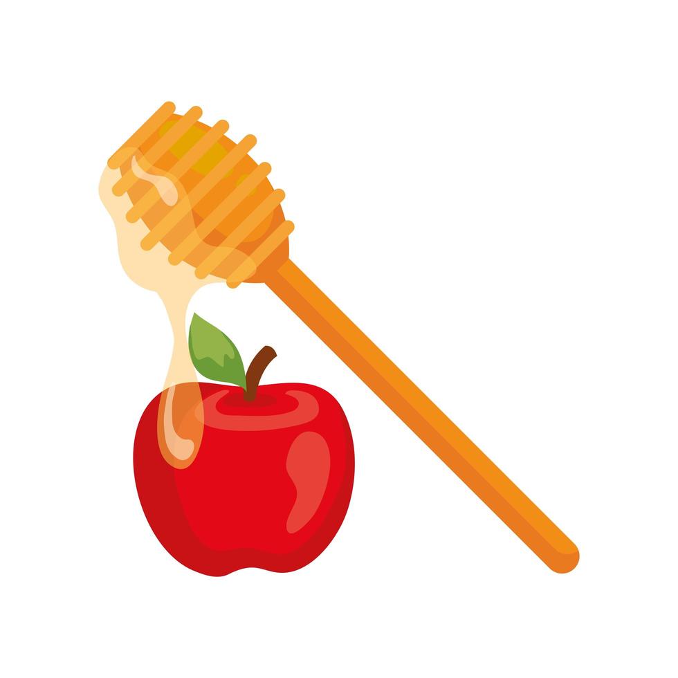 Palo de cucharón de miel con manzana, sobre fondo blanco. vector