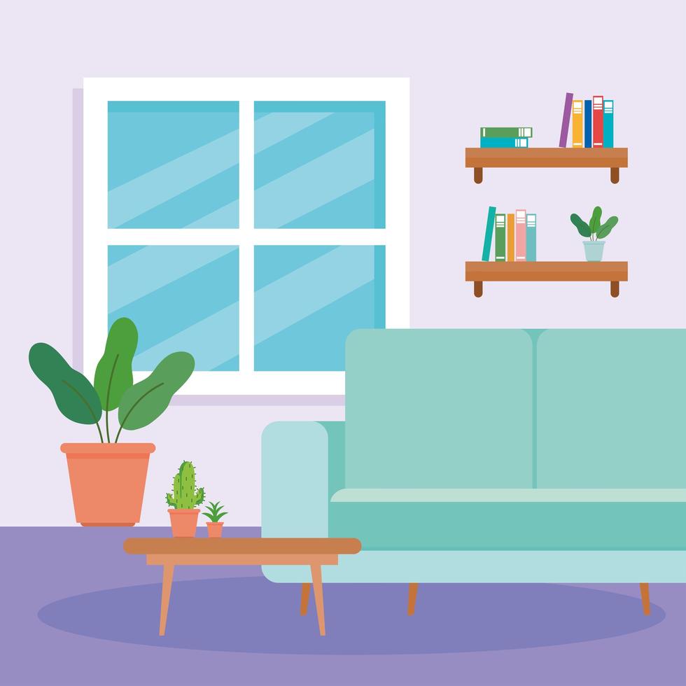 Interior de la sala de estar de la casa, con sofá, mesa, maceta y decoración. vector