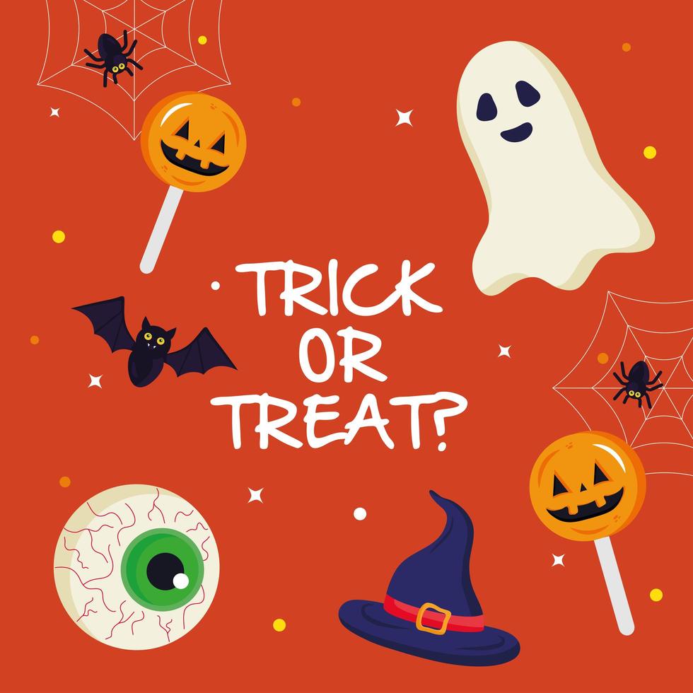 halloween ghost and candies with trick or treat text vector design