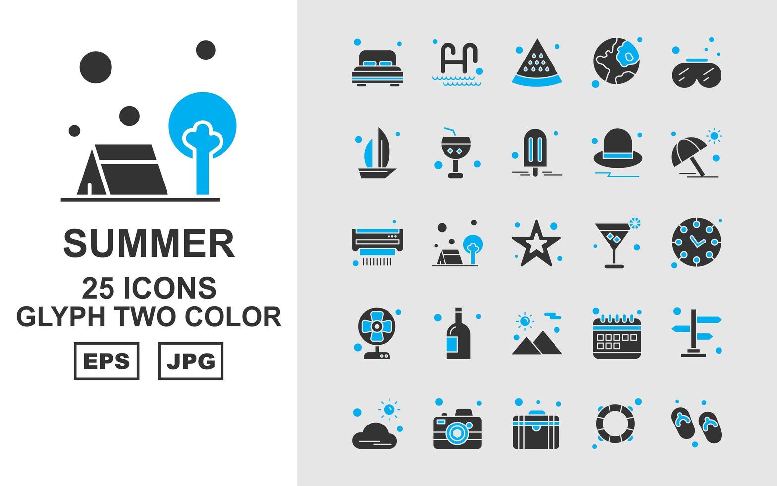 25 paquete de iconos de dos colores de glifos premium de verano ii vector