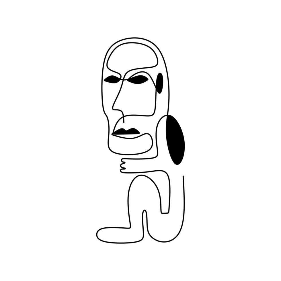 One line drawing ethnic human. Modern continuous line art tribal portrait. Abstract man with sad face. vector