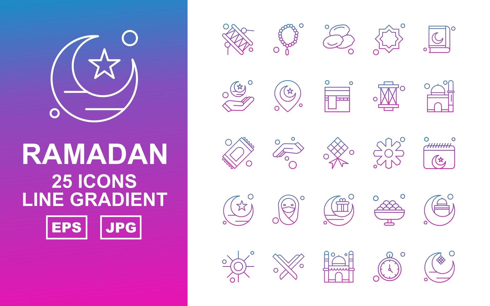 25 paquete de iconos de gradiente de línea de ramadan premium vector