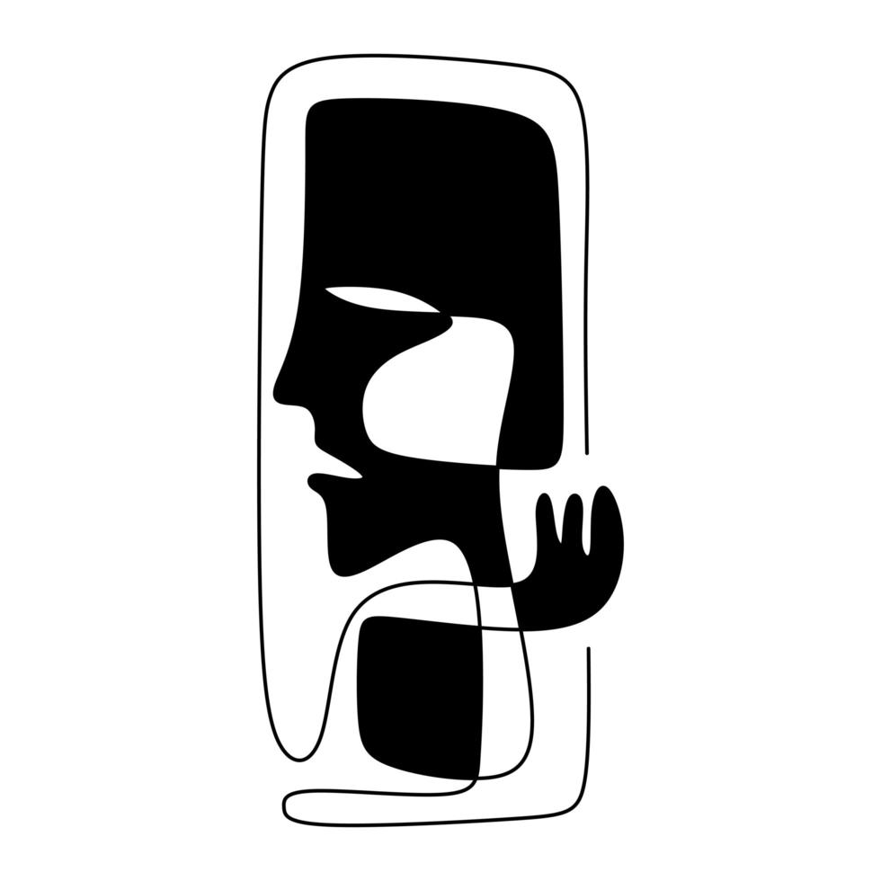 One line drawing ethnic human. Modern continuous line art tribal portrait. Abstract man with sad face. vector