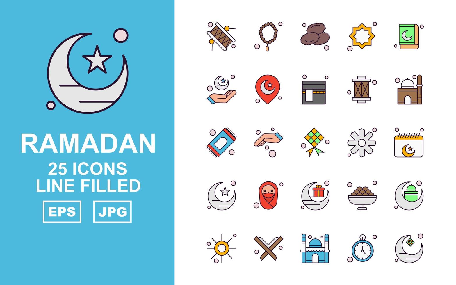 25 paquete de iconos premium lleno de línea de Ramadán vector