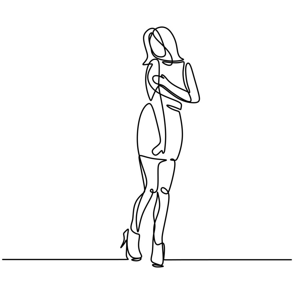 Continuous line drawing of happy woman posing as professional model. vector