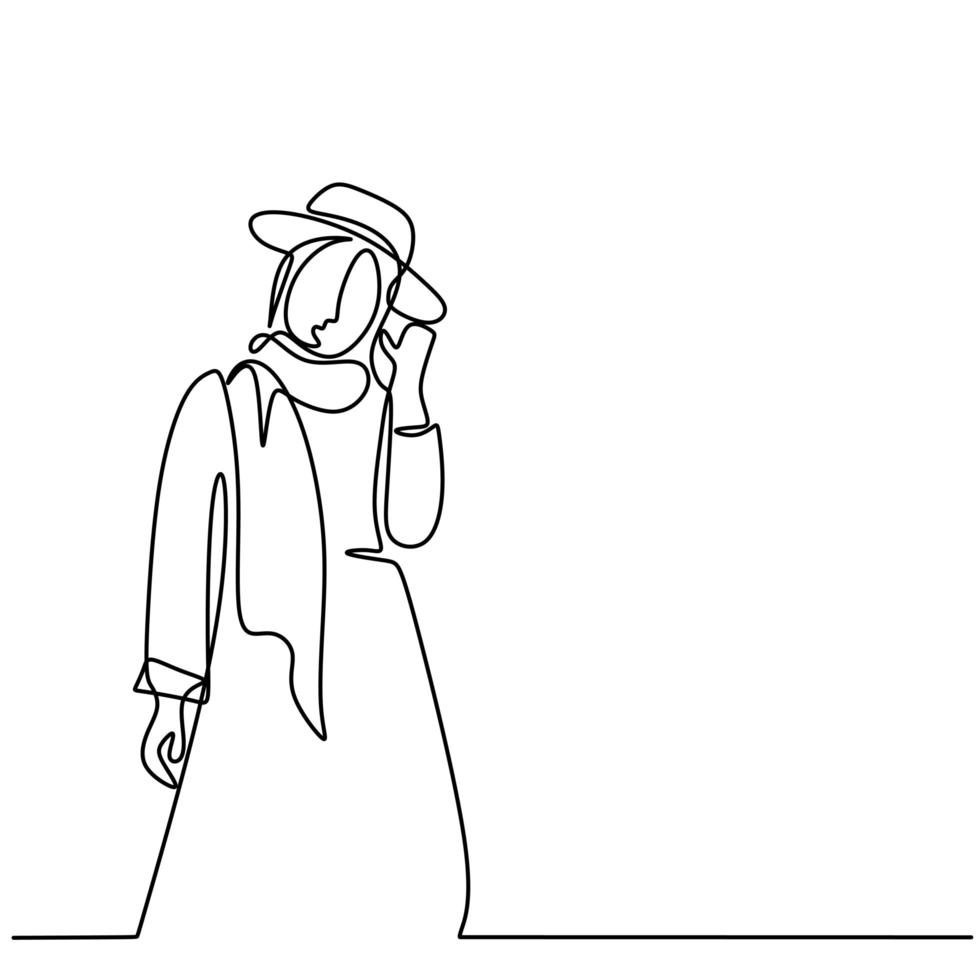 One continuous line drawing of young happy pretty muslimah on headscarf with hat on her head. vector