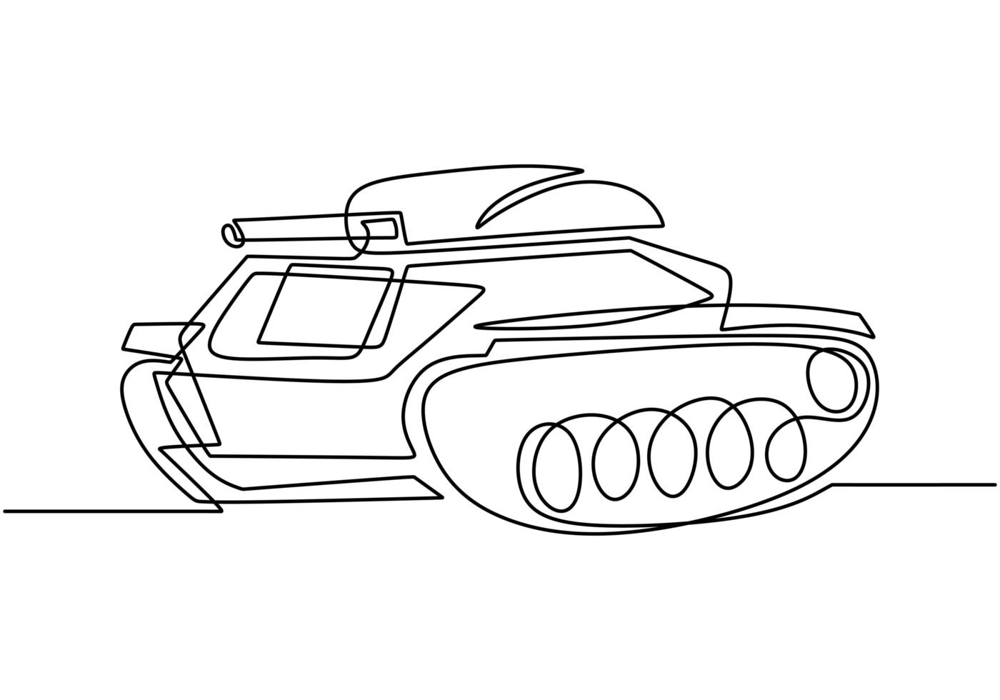 One continuous line drawing of Tank. An armored fighting vehicle designed for front-line combat and war. vector