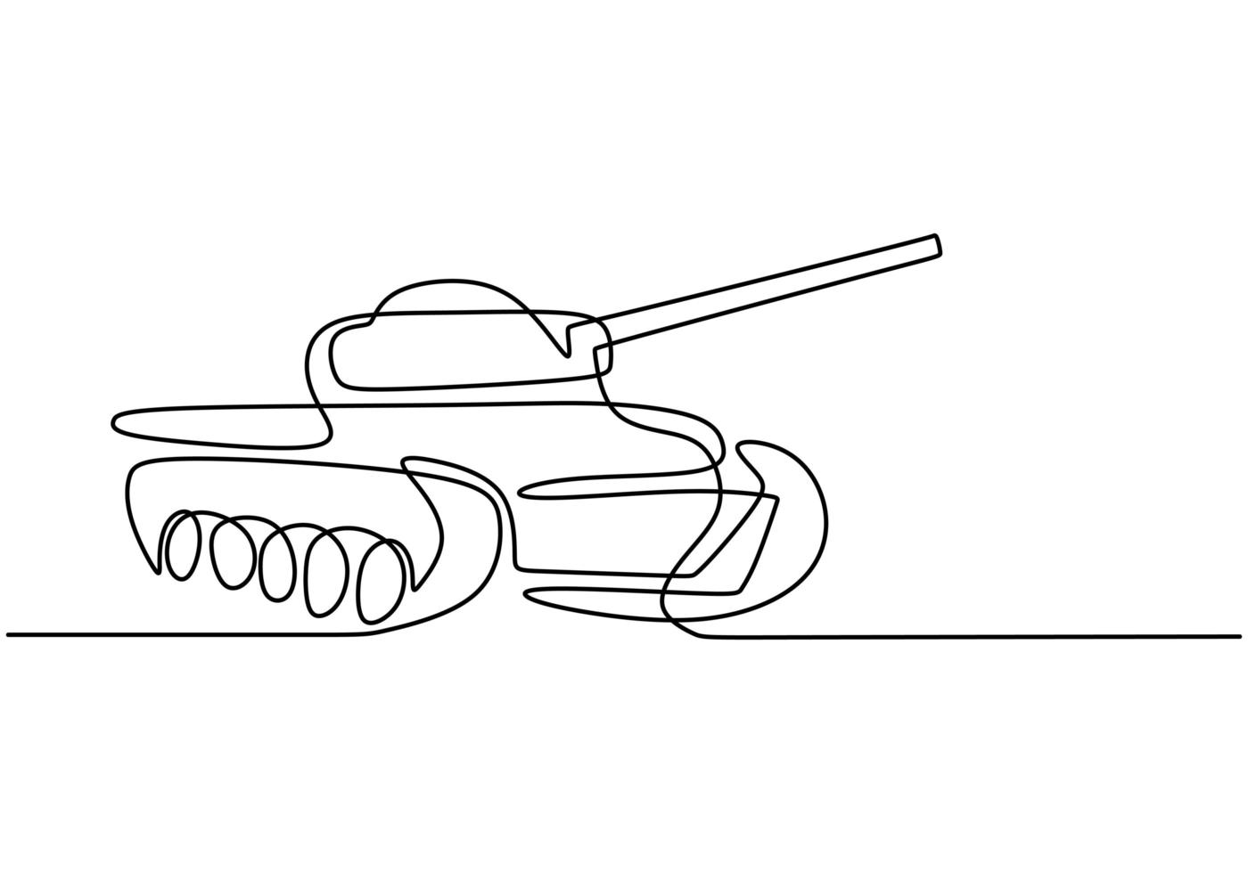 One continuous line drawing of Tank. An armored fighting vehicle designed for front-line combat and war. vector