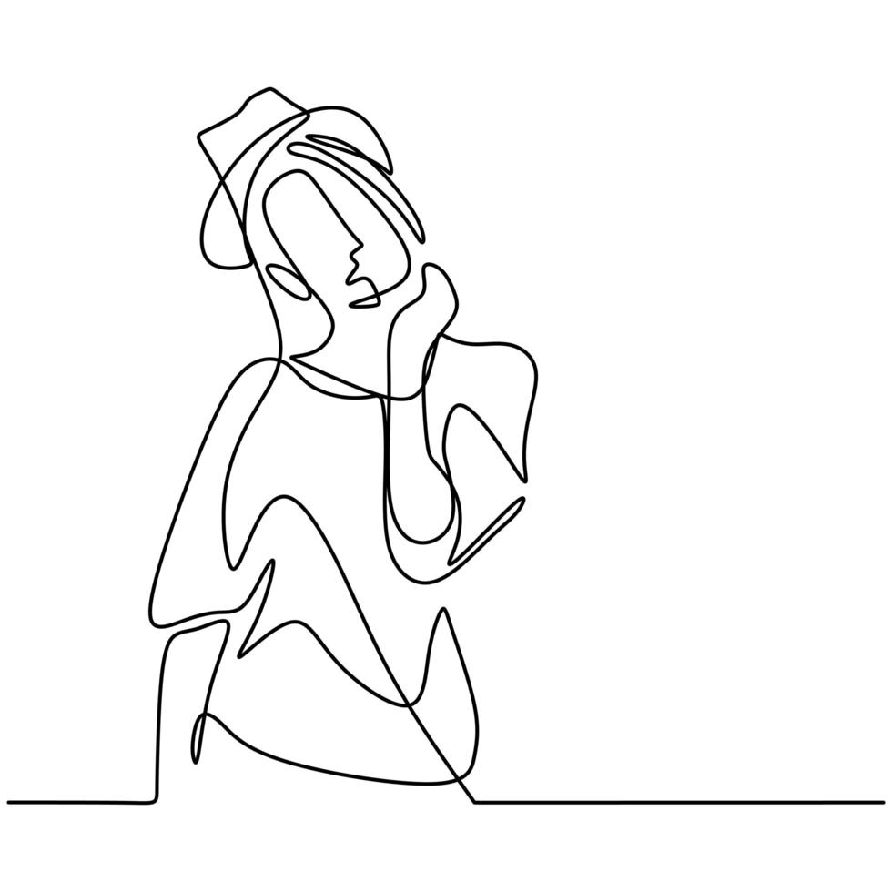 Woman in hat one continuous line art. Young lady wearing a hat linear style minimalist print. vector