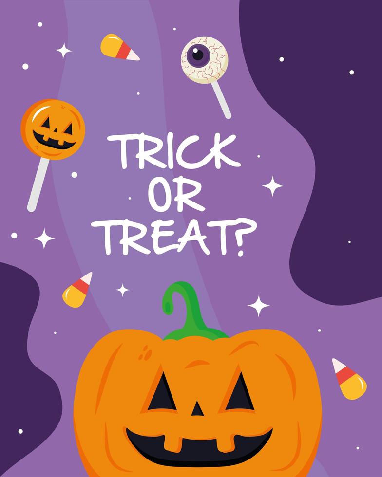 Dibujos animados de calabaza de Halloween con diseño de vector de texto de truco o trato