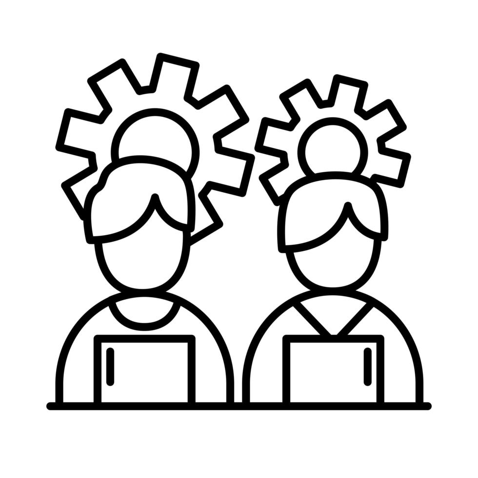 coworkers men with laptops and gears line style icon vector design