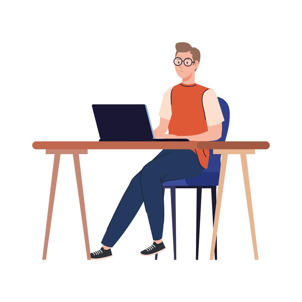 Man cartoon with laptop at desk working vector design