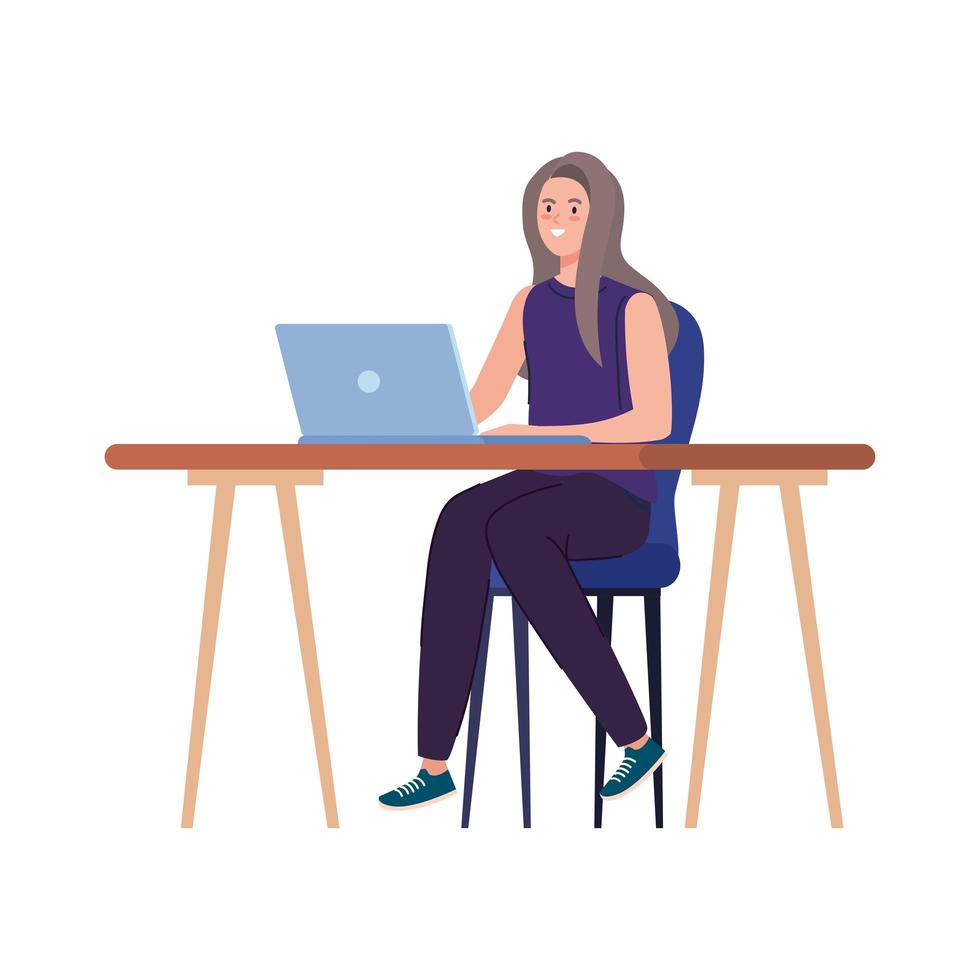 caricatura de mujer con laptop en diseño de vector de trabajo de escritorio