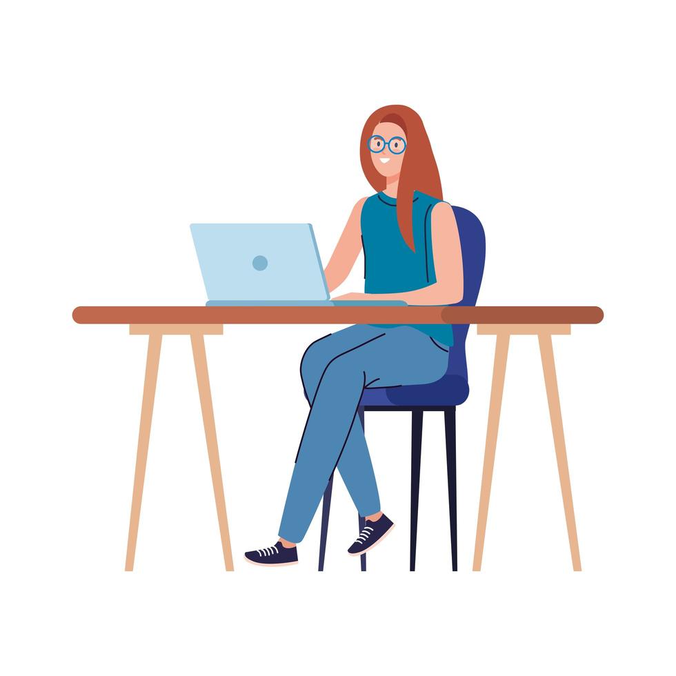 woman cartoon with laptop at desk working vector design