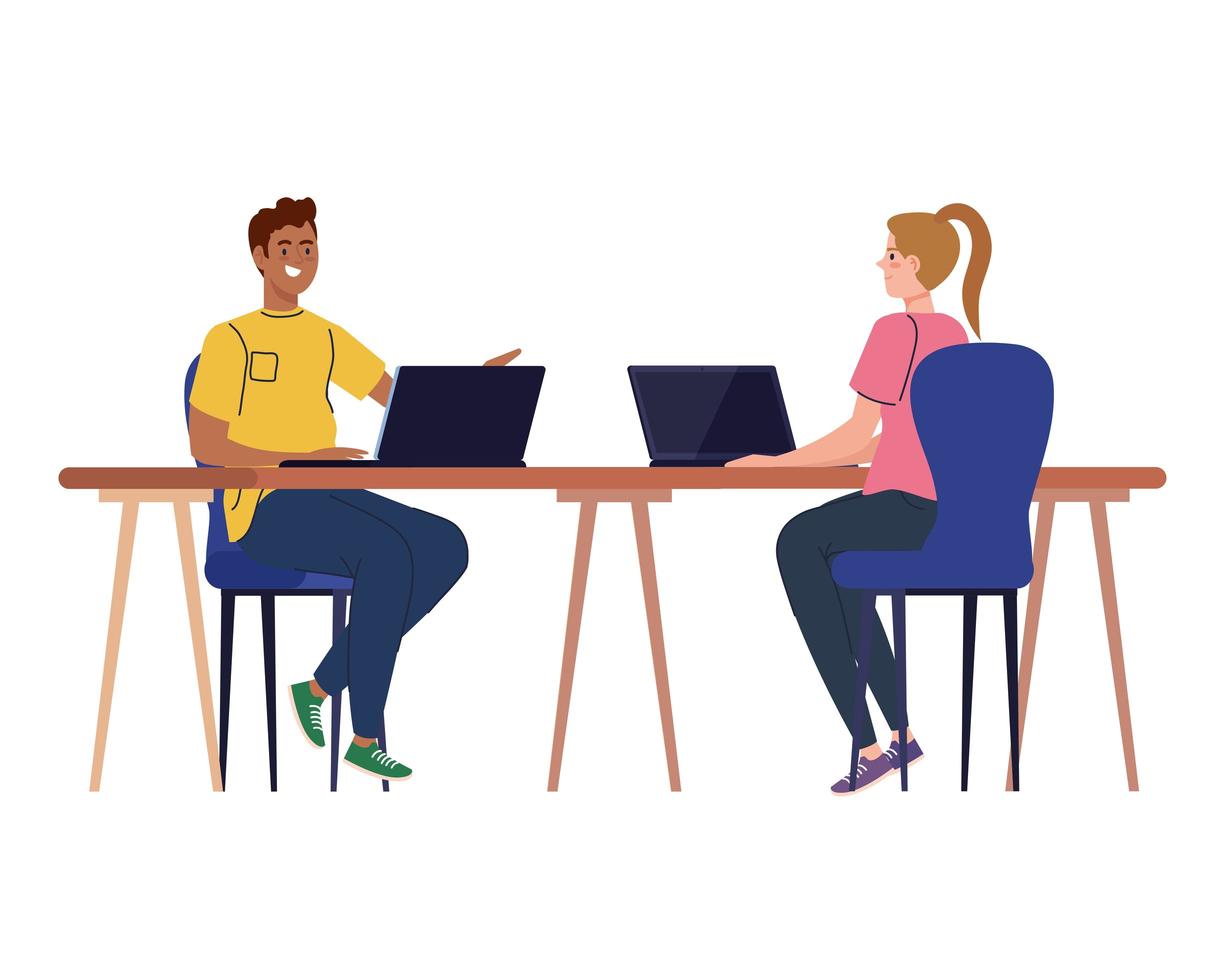 Man and woman cartoons with laptops at desk working vector design