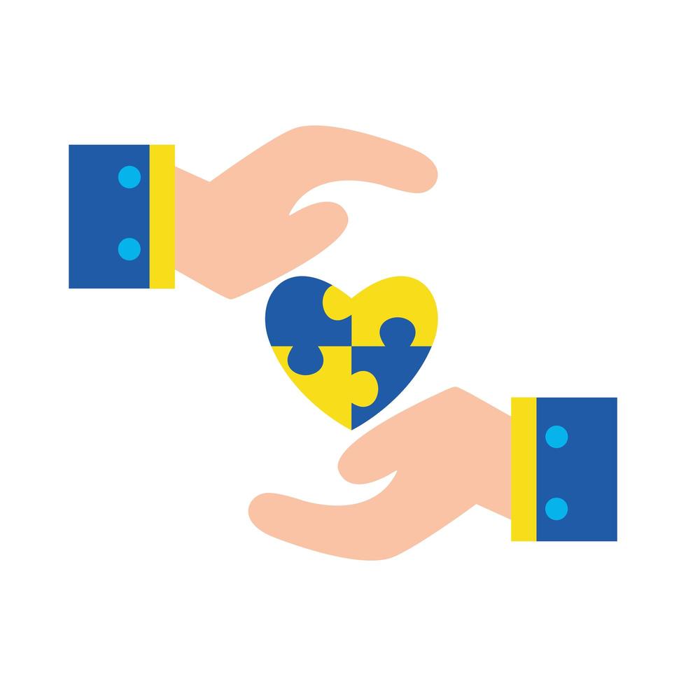 down syndrome puzzles heart between hands flat style icon vector design