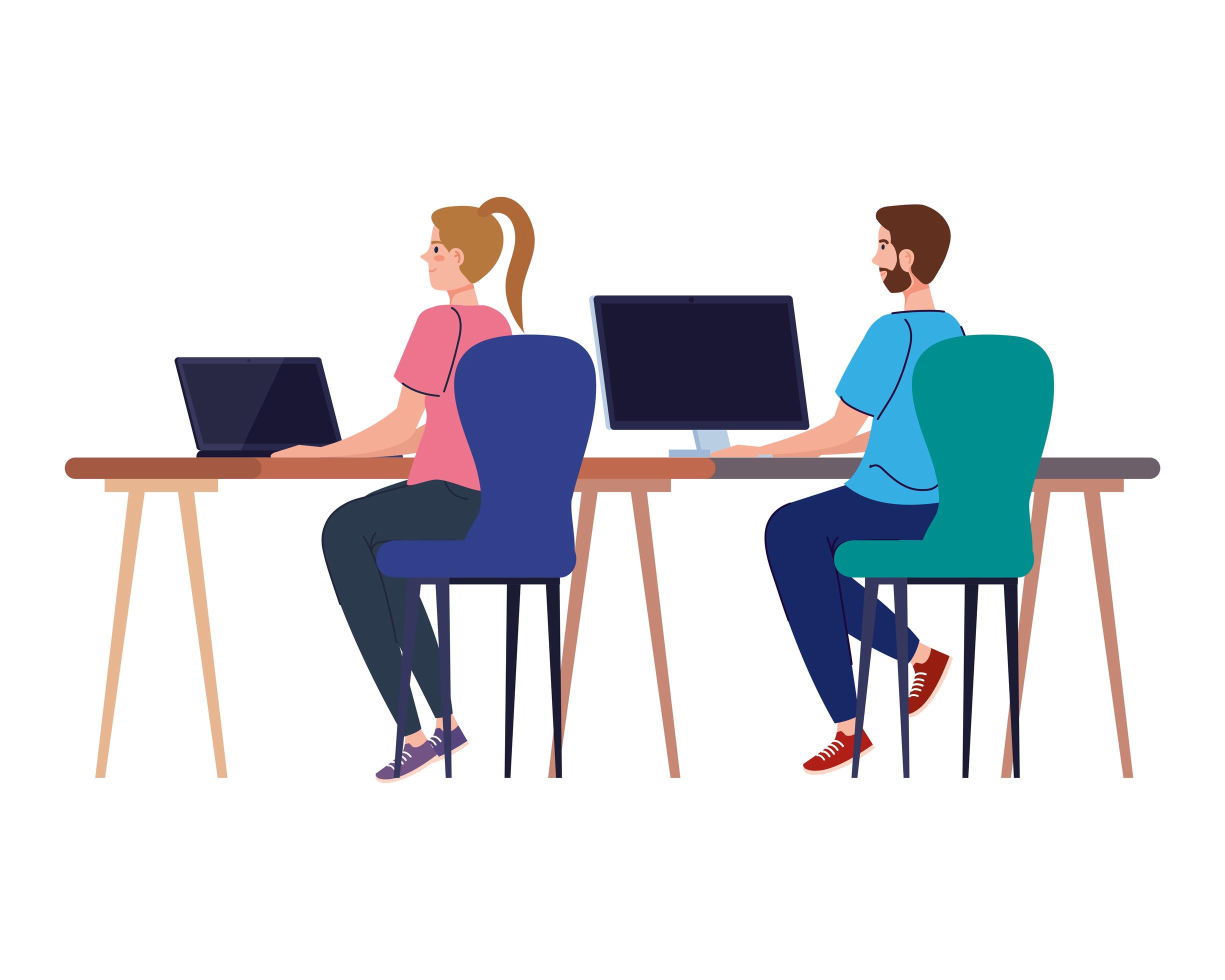 Man and woman cartoons with laptop and computer at desk working vector
