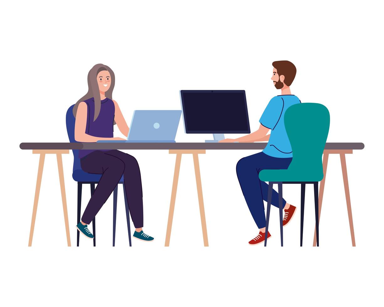 Man and woman cartoons with laptop and computer at desk working vector design