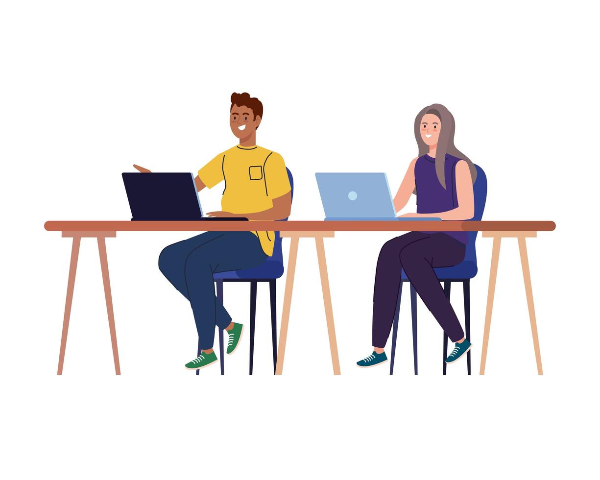 Man and woman cartoons with laptops at desk working vector design
