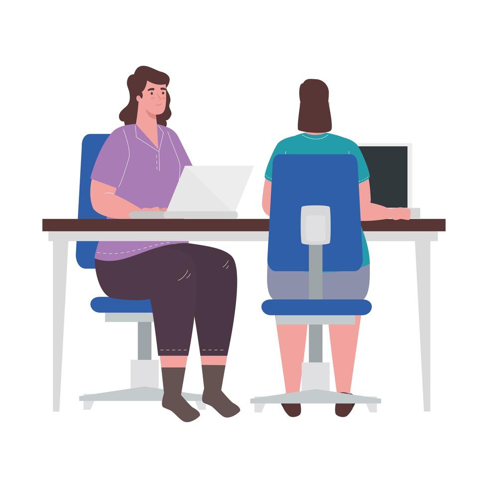 women with laptops at desk working vector design