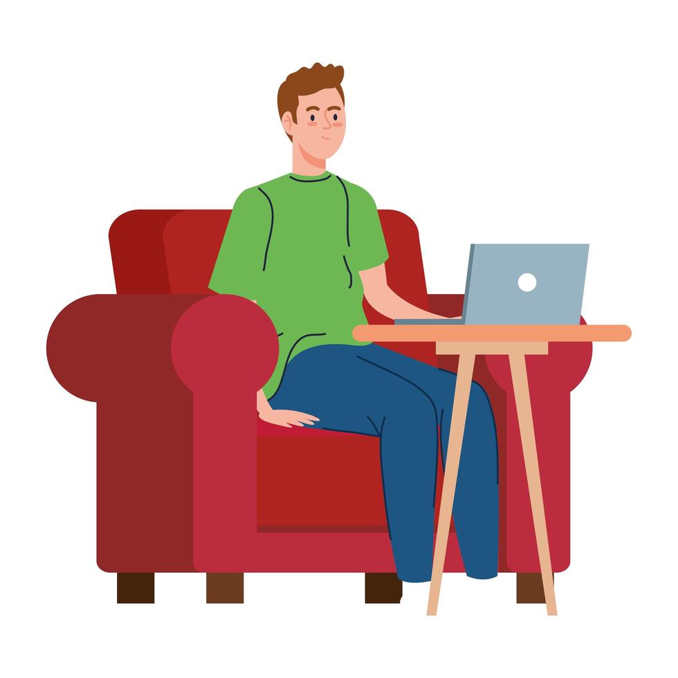 Man cartoon with laptop on chair working vector design
