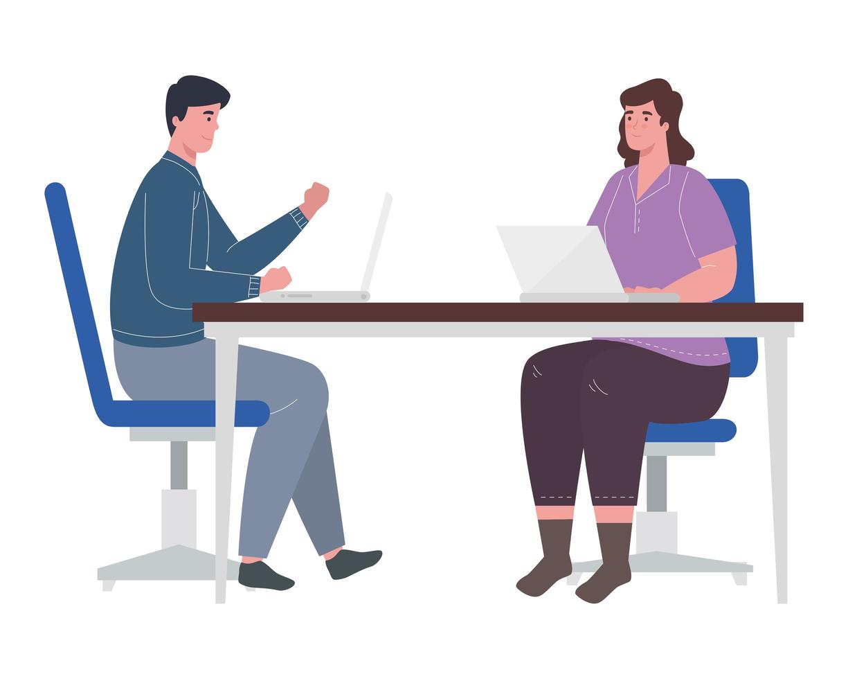 woman and man with laptops at desk working vector design