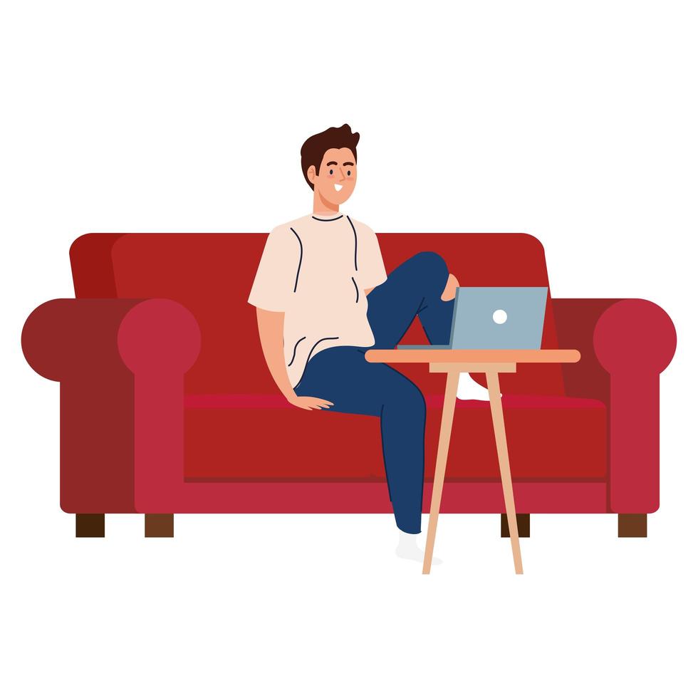 Man cartoon with laptop on couch working vector design