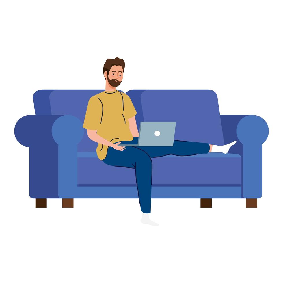 Hombre de dibujos animados con laptop en diseño de vector de trabajo de sofá