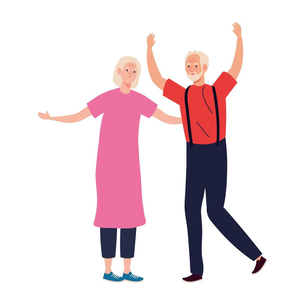 Senior woman and man cartoons with hands up vector design