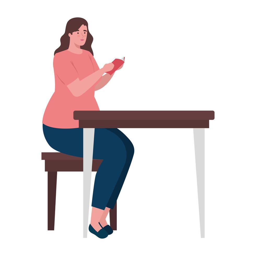 plus size woman cartoon with book at desk vector design