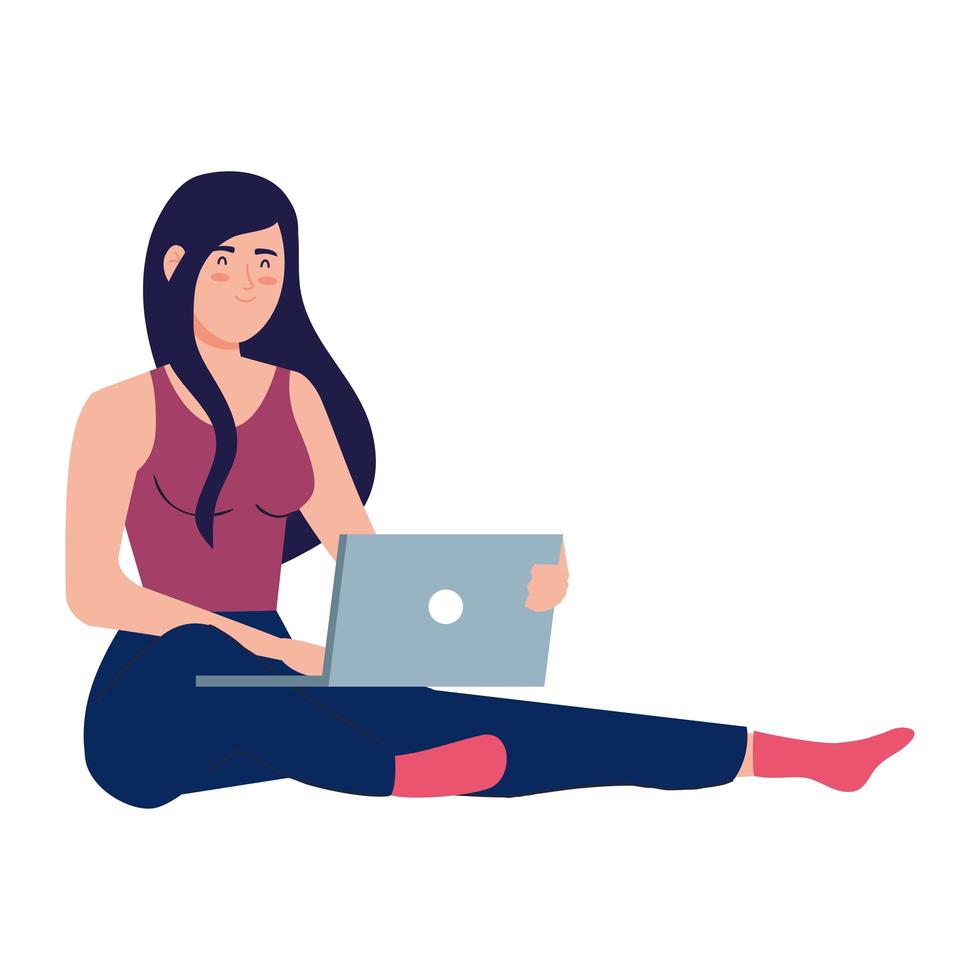 woman cartoon with laptop working vector design