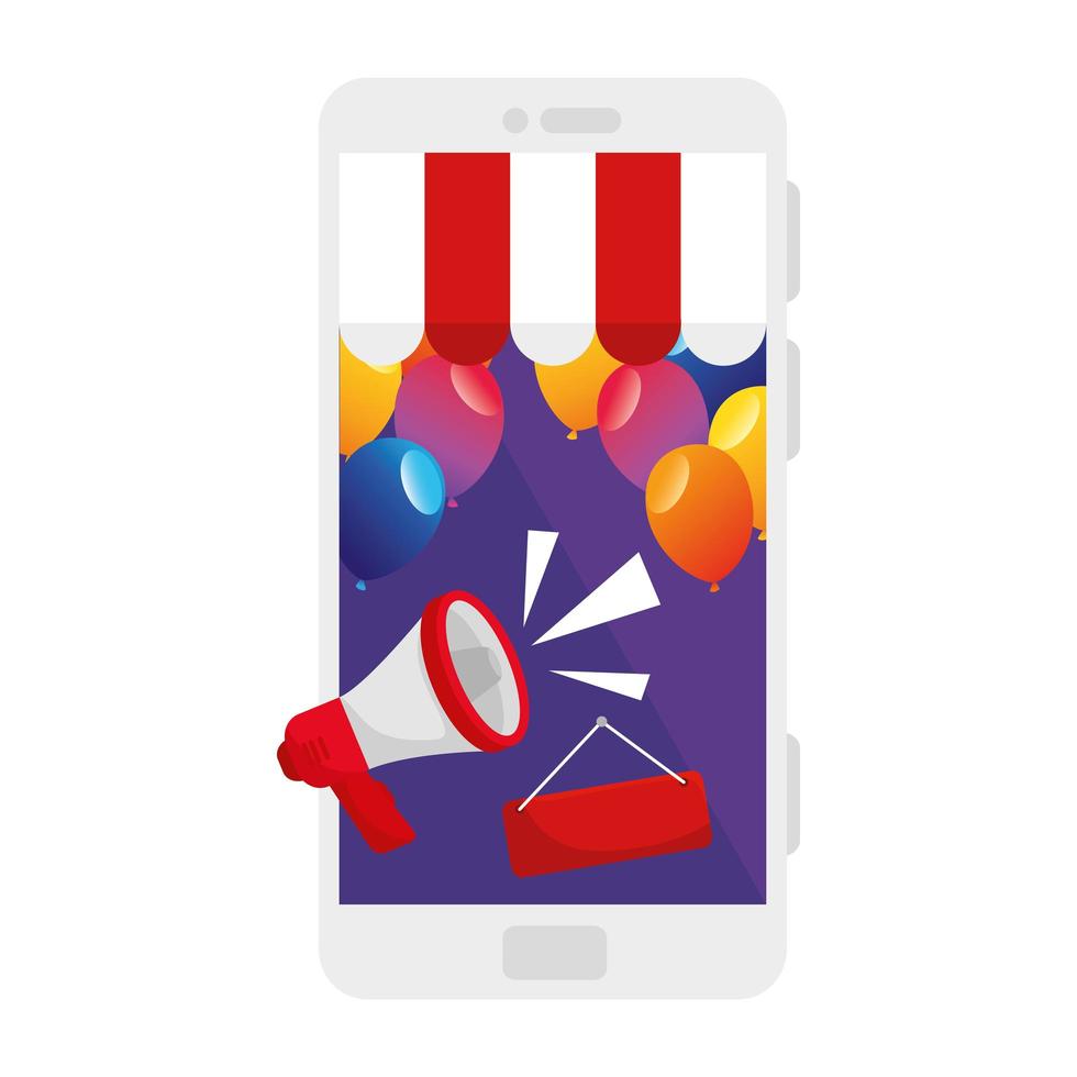 Party balloons with megaphone and banner in smartphone vector design