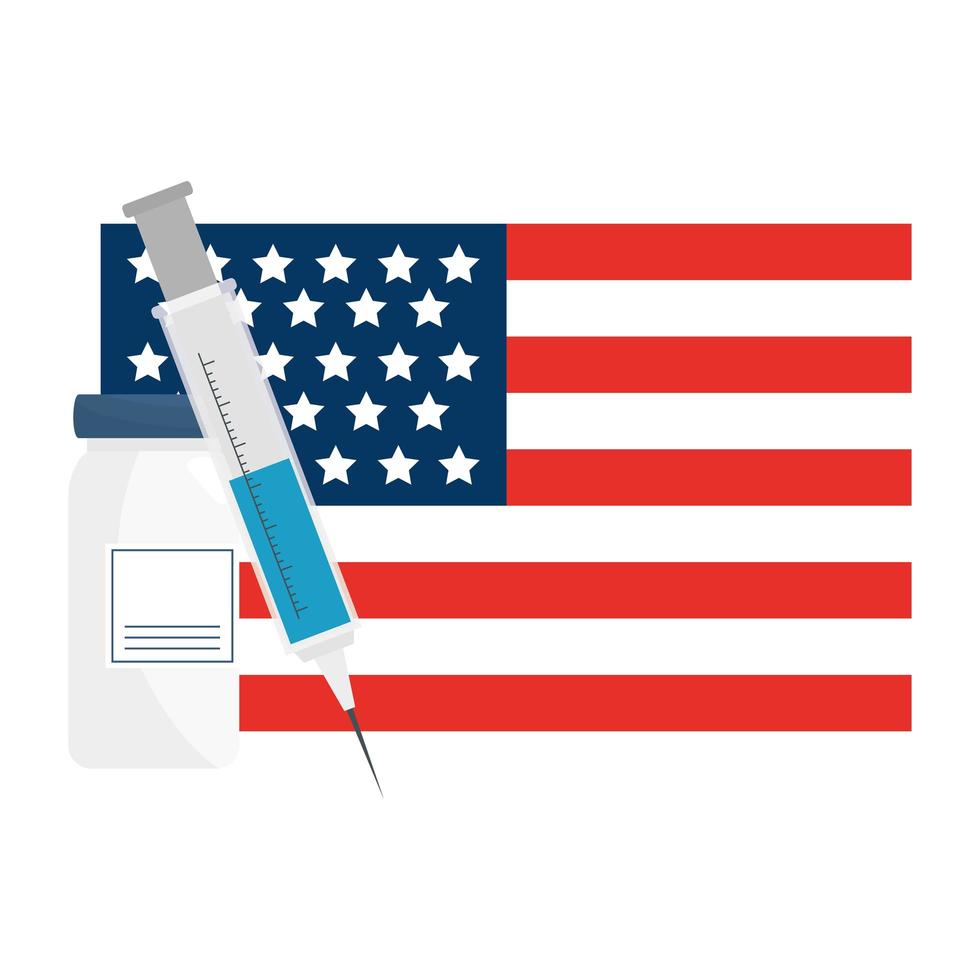 covid 19 vaccine injection and bottle on usa flag vector design